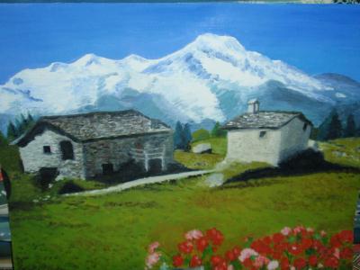 CrÃ©ation peinture Ã  l'huile : Paysage de montagne et ses chalets d ...